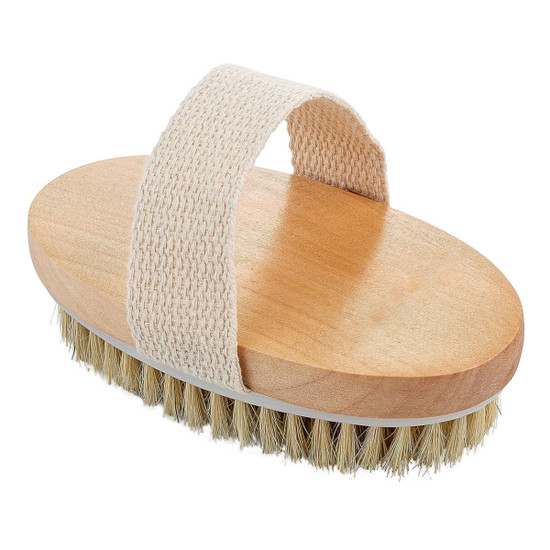 A wooden body brush featuring a natural bristle head and a beige fabric strap for grip.