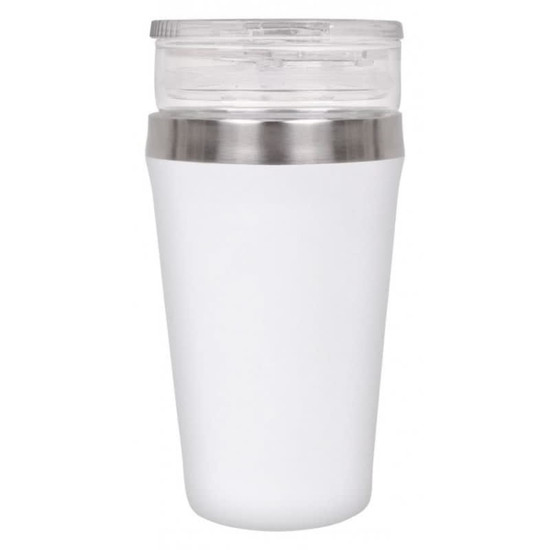 A drink bottle in white with a transparent lid and stainless steel band, featuring a logo.