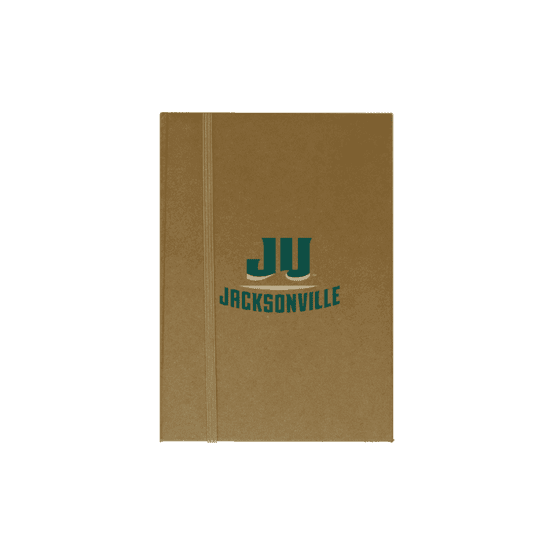 A beige A5 notepad with a logo on the cover and an elastic band closure.