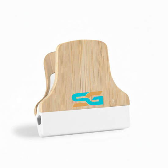 A bamboo fridge magnet clip with a white base and a logo on the front.