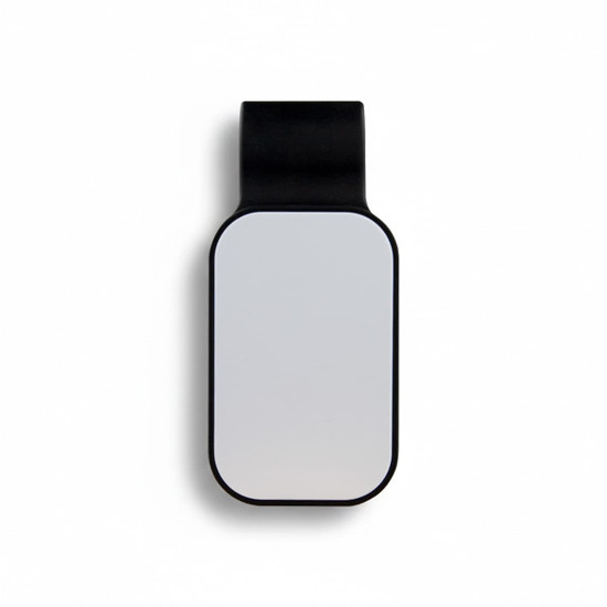 A black car visor sunglass holder with a smooth, reflective surface and a minimalistic design.