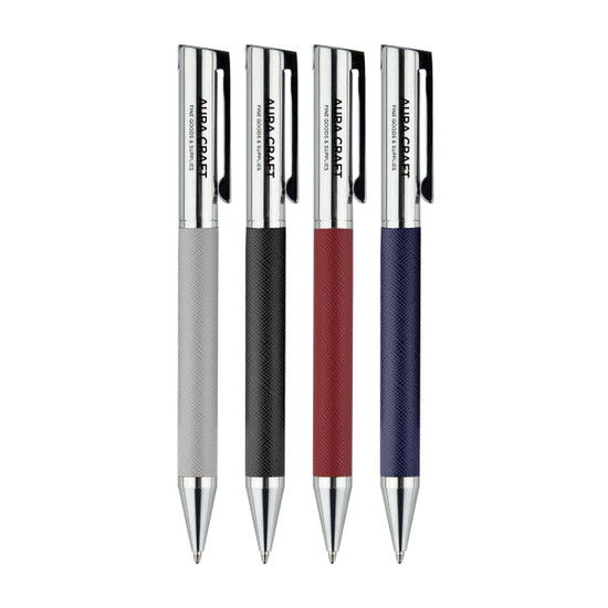 Four Geneva Metal Pens in grey, black, red, and blue, featuring sleek designs and a branding logo.