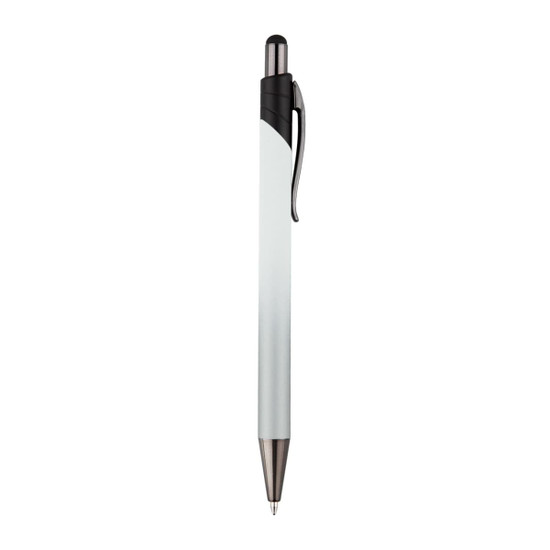 A metal pen with a sleek white barrel and black accents, featuring a clip and shiny silver tip.