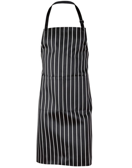 A black and white striped butcher's apron with a neck strap, featuring a logo.