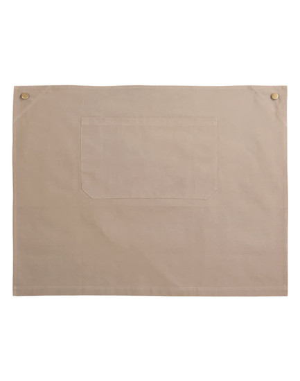 A beige canvas short waist apron featuring a large pocket and two button accents.