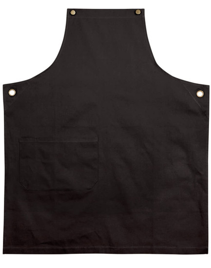 A black canvas bib apron featuring a front pocket and gold-toned buttons. It has a simple, classic design.