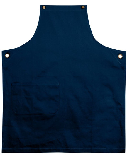 A navy canvas bib apron featuring a pocket and metal grommet details.