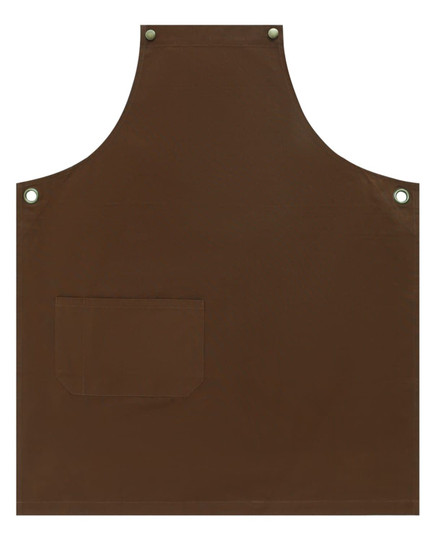 A brown canvas bib apron featuring a front pocket and metal eyelets. It has a simple and sturdy design.