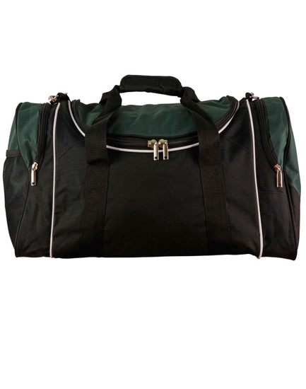 A black and green duffle bag with dual handles and zippered compartments, featuring a logo.