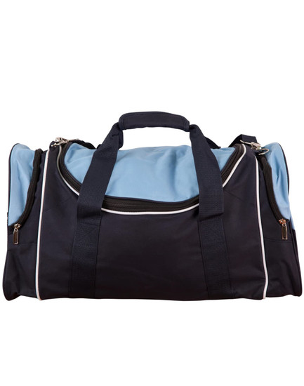 A duffle bag in navy blue and light blue with a zip closure and two side pockets. It features a logo.