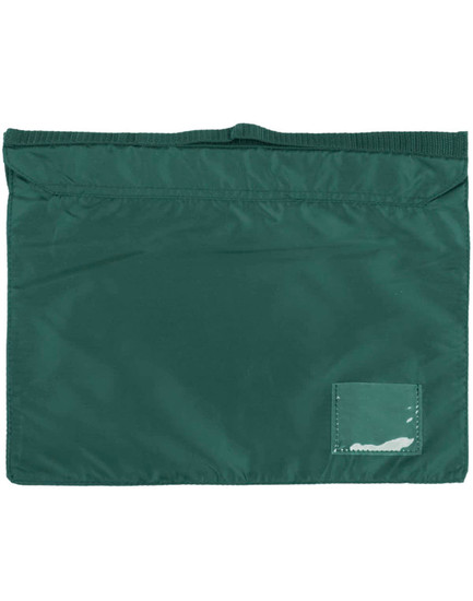 A green satchel with a simple design and a logo in the corner.