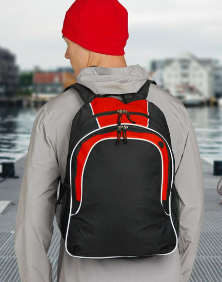 A black and red backpack with white trim, featuring multiple compartments and mesh side pockets. It has a logo.