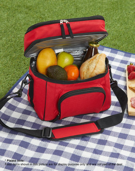 A black travel cooler bag with a zippered top, carrying handle, and adjustable shoulder strap. It features a front pocket.