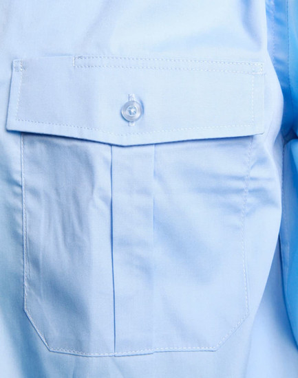 A light blue button-up shirt featuring a chest pocket and a button closure. The shirt has a subtle sheen.