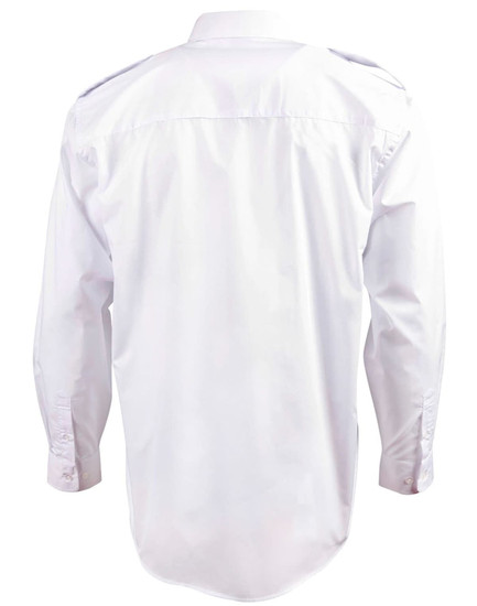 A white long sleeve button-up shirt featuring epaulette details and a back yoke. The shirt has a logo.