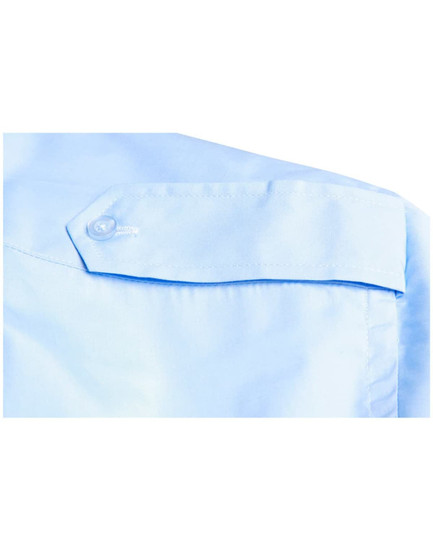 A light blue short sleeve button-up shirt featuring an epaulette detail and a button closure. Includes branding.