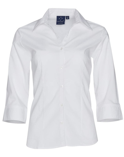 A women's white Teflon executive 3/4 sleeve button-up shirt, featuring a collar and a logo on the tag.