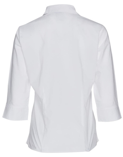 A white women's button-up shirt with 3/4 sleeves, featuring a back view and a simple design.