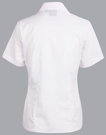 A white short sleeve button-up shirt with a fitted design and a collar, featuring a logo.