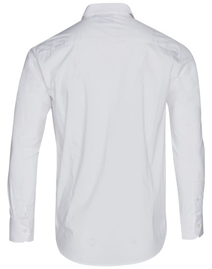 A white long sleeve button-up shirt with a smooth finish and a collar, featuring a logo.