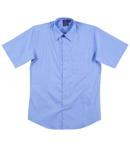 A light blue short sleeve button-up shirt with a chest pocket and a logo on the collar.