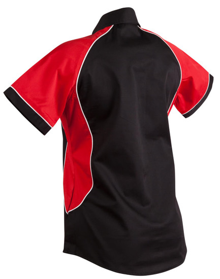 A short-sleeved button-up shirt featuring a black body with red contrast panels and a collar. It has a logo on it.