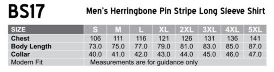 A table displaying sizing information for a Men's Herringbone Pin Stripe Long Sleeve Shirt in various sizes.