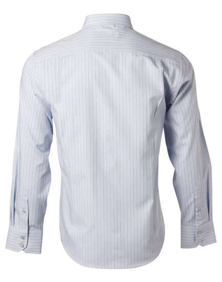 A long-sleeve, button-up shirt in light blue with vertical stripes and a collar, featuring a logo on the back.
