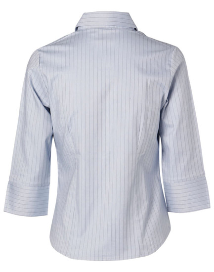A light blue, striped, ladies' 3/4 sleeve stretch button-up shirt with a collar and rolled sleeves.