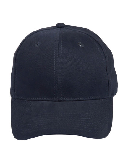 A heavy brushed cotton cap in navy blue with a logo on the front and ventilation holes on the crown.