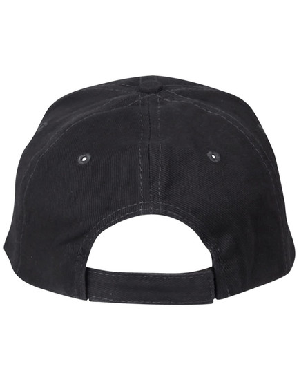A black heavy brushed cotton cap with a curved brim and an adjustable strap at the back.