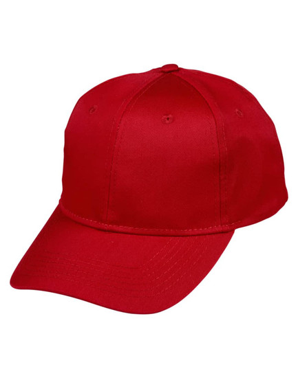 A red polycotton twill cap featuring a structured design and a logo on the front.