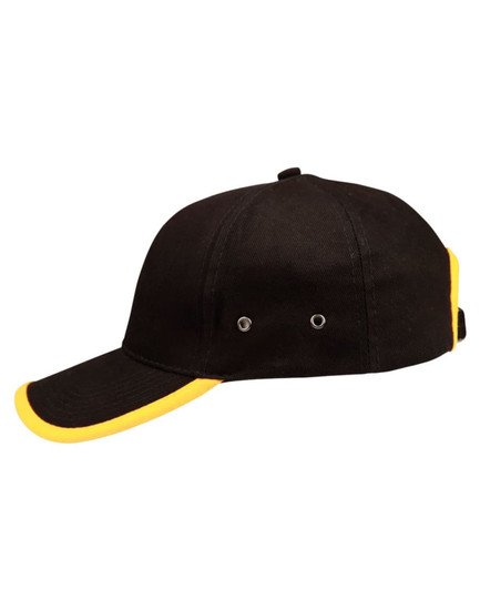 A black cap with a yellow peak and trim, featuring eyelets for ventilation and an adjustable back strap.