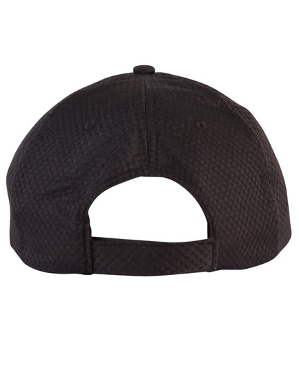 A black athletic mesh cap featuring a rear adjustable strap and a logo on the back.