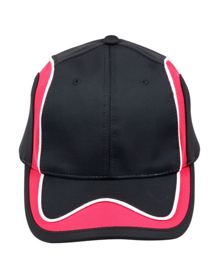 A black cap with red and white accents, featuring a logo on the front.