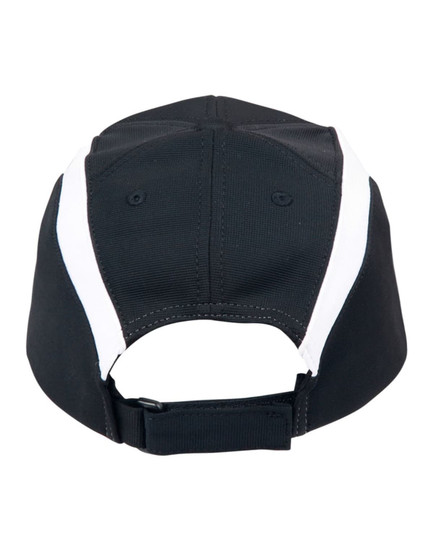 A black and white cap with a rear adjustable strap and logo branding.