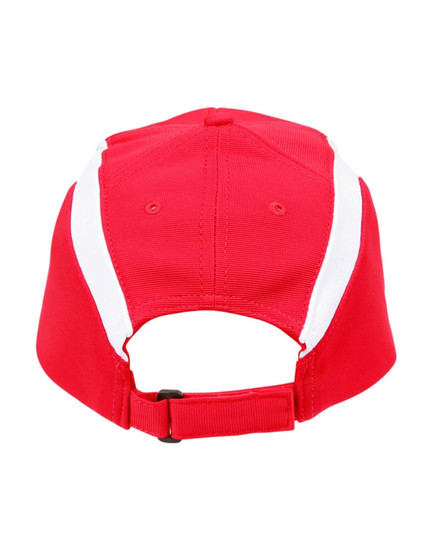 A red cap with white panels and an adjustable strap at the back. It features a branding logo.