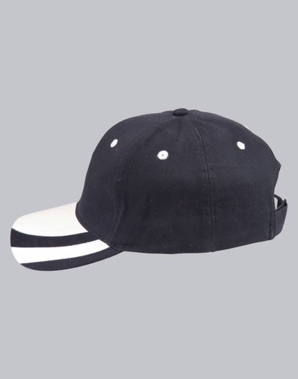 A black structured cap with a contrasting white peak and decorative stripes on the brim, featuring a logo.