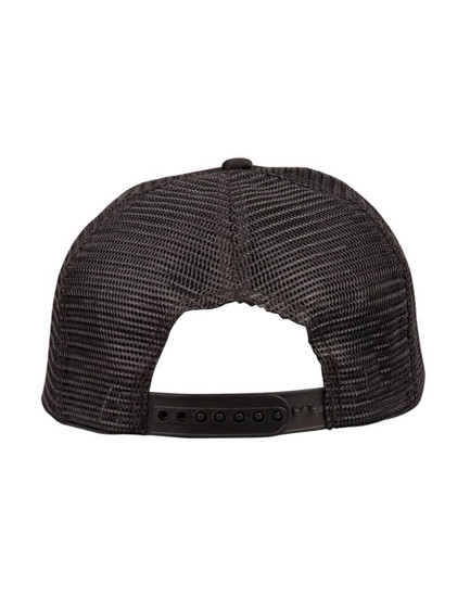 A black trucker cap with a mesh design at the back and an adjustable strap. Features a logo on the side.