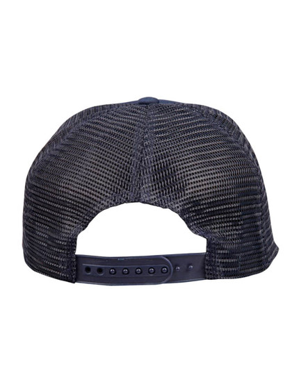 A navy blue trucker cap featuring a mesh back and an adjustable strap. The cap has a logo.