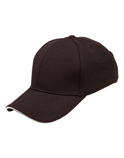 A black cap with a curved brim and contrasting trim, featuring a logo on the side.