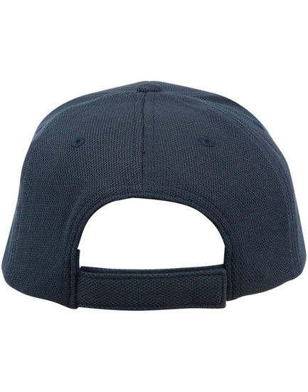 A structured navy cap with a mesh design and an adjustable strap at the back. Features a logo on the side.