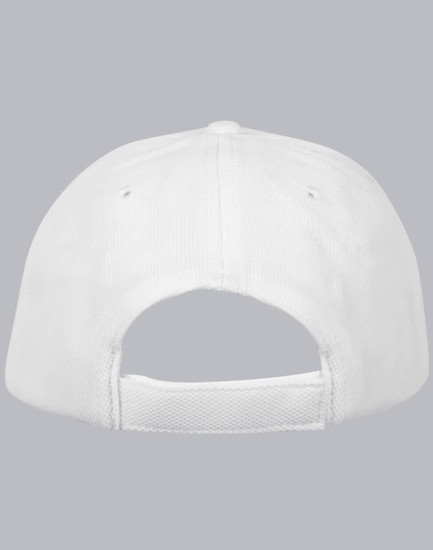 A white Pique mesh structured cap featuring an adjustable strap and a logo on the back.