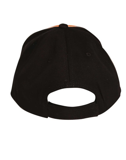 A black cap featuring a two-tone design with an adjustable strap at the back. It includes a logo.