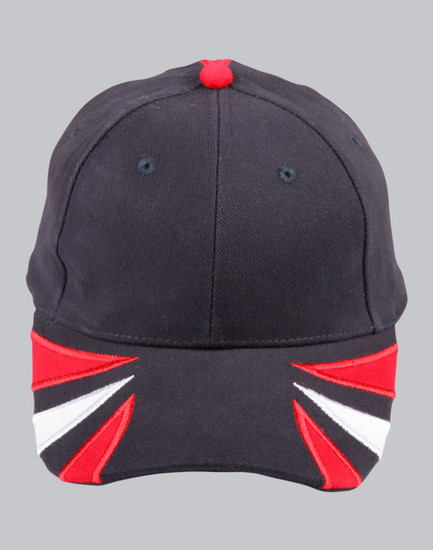 A tri-colour cap with a black base and red, white, and blue design elements, featuring a logo on the front.