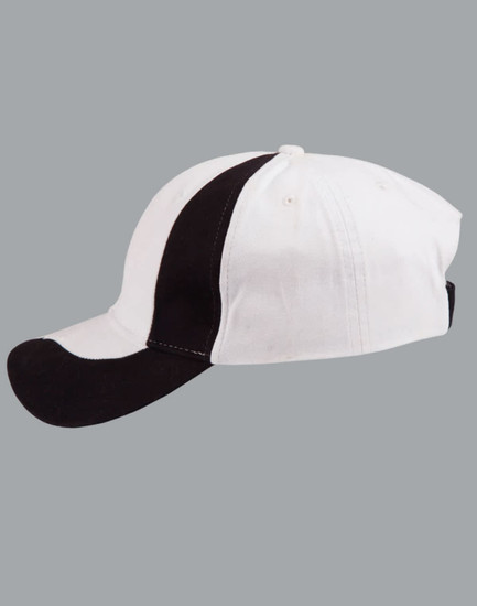 A baseball cap with a white crown and black peak, featuring a side stripe and a logo.