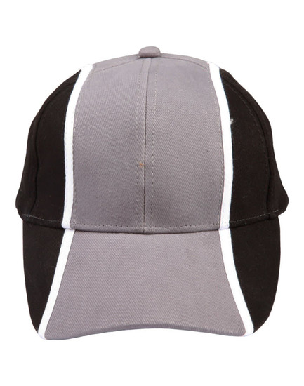 A tri-colour baseball cap featuring grey, black, and white panels, with a logo on the front.