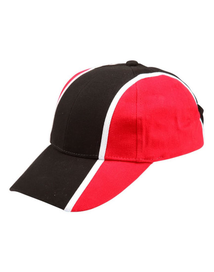 A tri-colour baseball cap featuring black, red, and white panels. Includes a logo on the front.