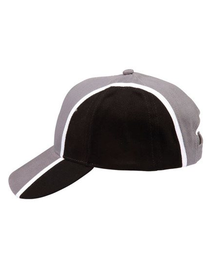 A tri-colour baseball cap featuring grey and black panels with white trim and an adjustable back. Includes a logo.