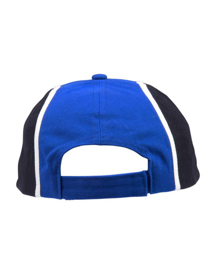A tricolour baseball cap featuring blue, black, and white panels, with an adjustable back strap.